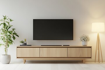 Fototapeta premium Interior mock up living room with cabinet for TV or place object in modern living room with lamp, table, flower, and plant.