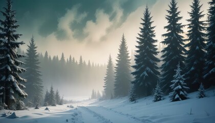 Obraz premium merry christmas background with a serene winter forest, tall pine trees covered in snow, and a soft golden glow from the setting sun, copy space in the foreground, high detail, ai