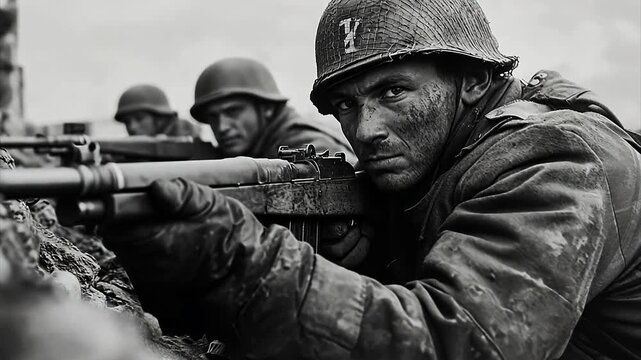 World war 2 era soldiers lined up with their guns in a muddy trench in black and white.