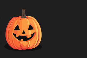 Halloween pumpkin isolated on black background, copy space, modern simple flat design illustration