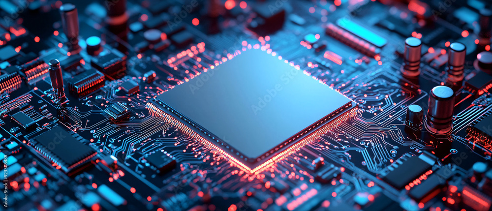 Aufkleber close up of a computer chip with glowing circuits