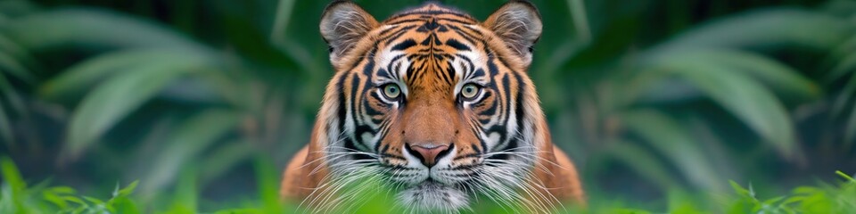 A tiger is surrounded by green foliage is looking at the camera. Wide panoramic banner with copy space.