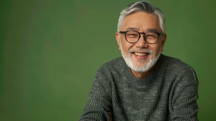 Obraz premium A joyful elderly man sits comfortably and smiles, showcasing happiness and warmth in a cozy setting