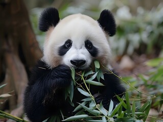 Fototapeta premium Adorable panda eating bamboo in a lush forest during the day