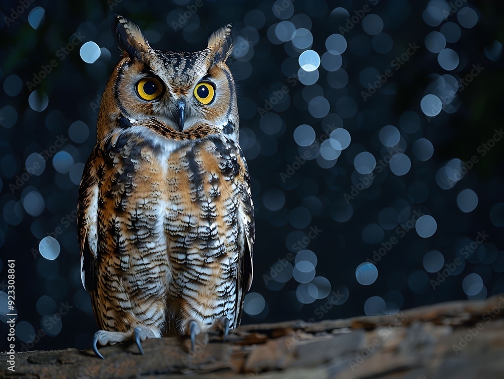 Poster close-up of a majestic owl perched on a log at night with a shimmering bokeh background