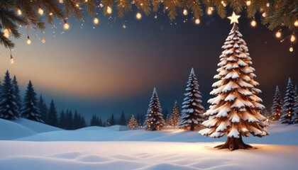 Naklejka premium merry christmas background featuring a snow-covered landscape with a decorated pine tree on the left, twinkling fairy lights, and a clear blue sky, ample copy space on the right, intense dark, ai