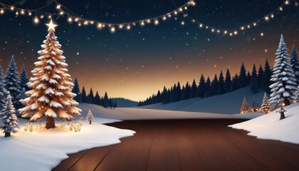 merry christmas background featuring a snow-covered landscape with a decorated pine tree on the left, twinkling fairy lights, and a clear blue sky, ample copy space on the right, intense dark, ai