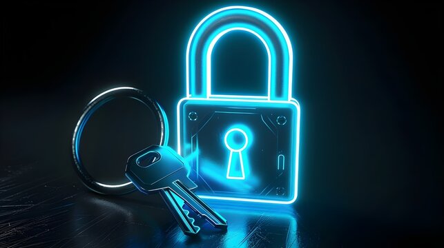 Neon Padlock and Key on Dark Background