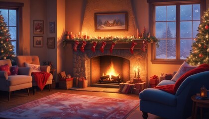 festive Christmas background with cozy living room view, burning fireplace, stockings hanging on the mantle, and large window showing falling snowflakes, ai