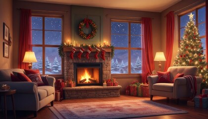 festive Christmas background with cozy living room view, burning fireplace, stockings hanging on the mantle, and large window showing falling snowflakes, ai