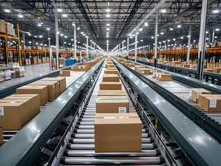 Fototapeta premium Packages move along conveyor belts in a large distribution center during daytime operations
