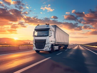 A freight truck travels along a highway during sunset with vibrant clouds in the sky, showcasing a moment of commercial transport