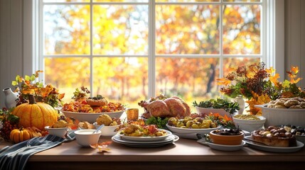 A table laden with Thanksgiving food, with a large window showcasing autumn leaves outside