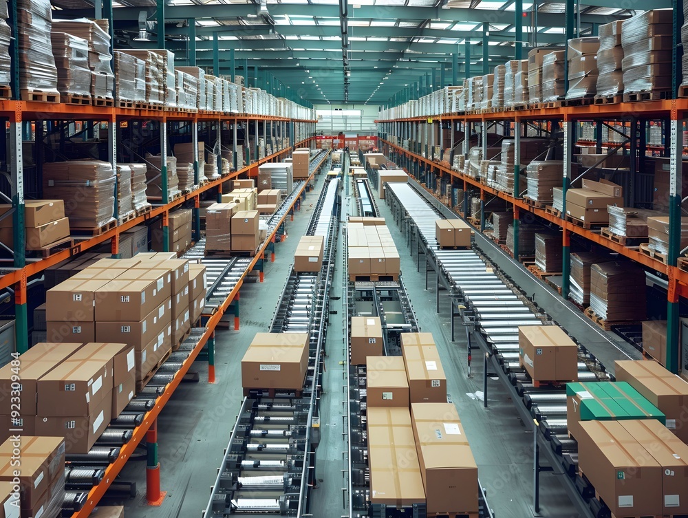 Poster warehouse interior showing organized stacks of boxes and automated conveyor system during afternoon 
