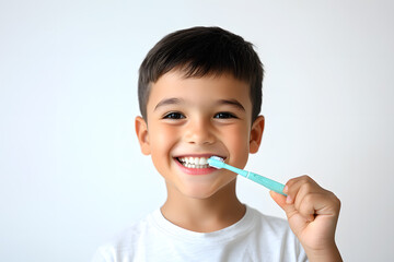 Little boy brushing  teeth with a toothbrush isolated on white background