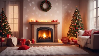 festive Christmas background with cozy living room view, burning fireplace, stockings hanging on the mantle, and large window showing falling snowflakes, ai