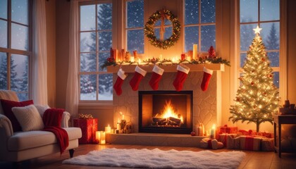 festive Christmas background with cozy living room view, burning fireplace, stockings hanging on the mantle, and large window showing falling snowflakes, ai