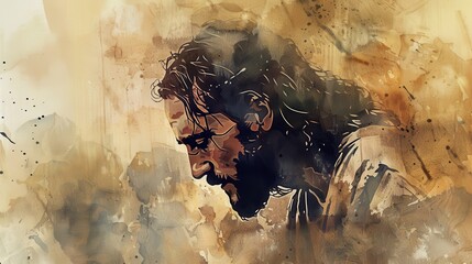 Jesus with the Lost Coin in Watercolor, Faith and Value, Biblical Illustration, Beige Background, copyspace