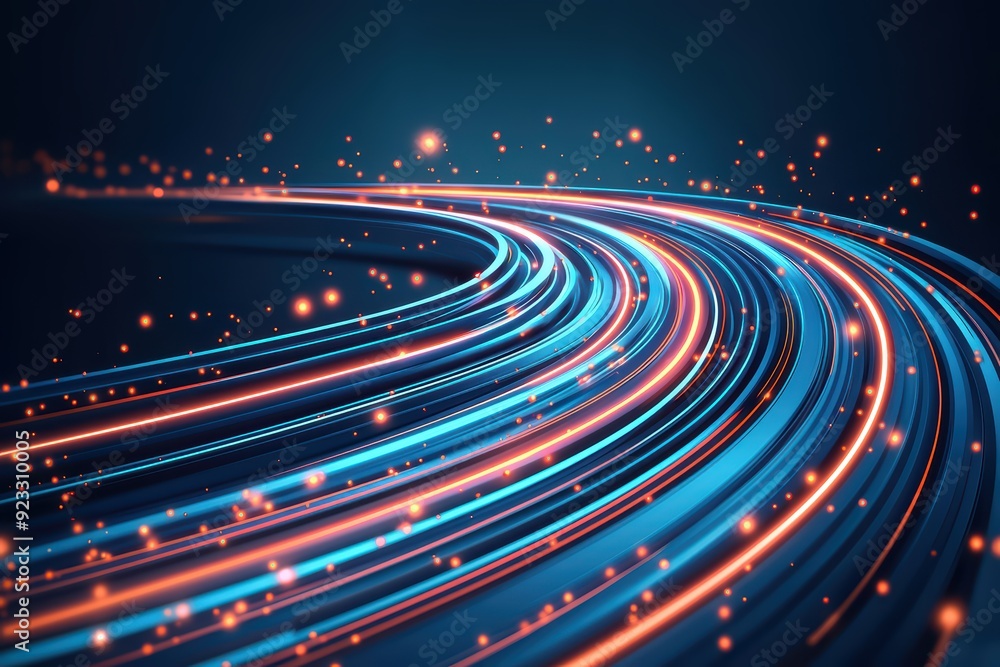 Poster abstract vivid light trails in blue and orange, representing motion and energy in a dynamic composit