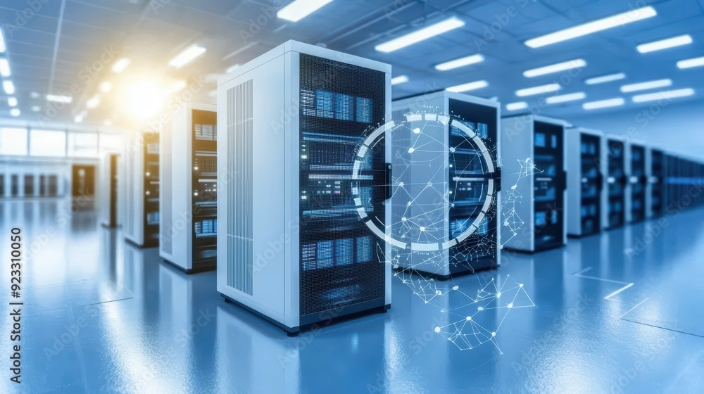 Poster advanced data center showcasing server racks with digital connections, emphasizing technology and da