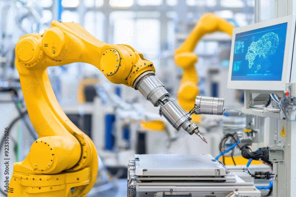 Poster advanced robotic arm working in a modern industrial environment, showcasing automation and technolog