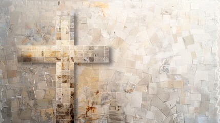 Cross with Mosaic Tiles, Biblical Illustration, Beige Background, Christian Artistry and Faith, Copyspace
