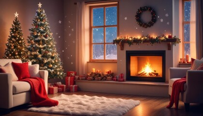 festive Christmas background with cozy living room view, burning fireplace, stockings hanging on the mantle, and large window showing falling snowflakes, ai