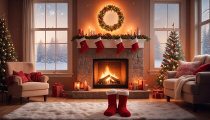 festive Christmas background with cozy living room view, burning fireplace, stockings hanging on the mantle, and large window showing falling snowflakes, ai
