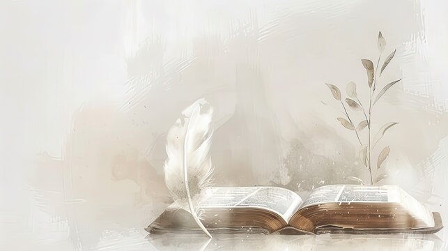 Serene Open Bible with Feather Bookmark, Christian Theme, Beige Background and Copyspace