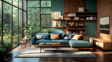 Modern living room with colorful decor and furniture