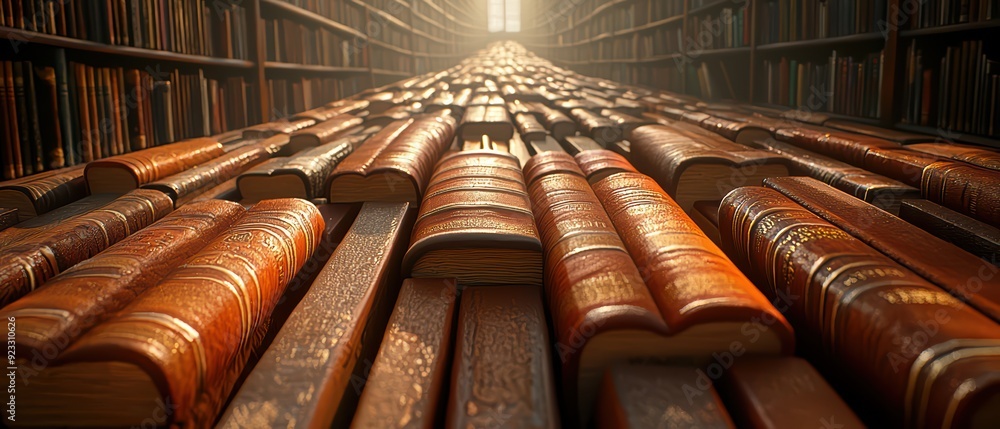 Poster an inviting library scene showcasing a pathway of leather-bound books illuminated by soft light from