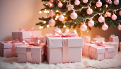Obraz premium 35mm film photography, merry christmas background with a close-up of beautifully wrapped gifts under a decorated tree, soft fairy lights in the background, copy space above, soft pink col, ai