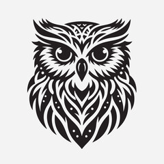 Black and white tribal owl illustration, with detailed feathers, a bold outline, and a powerful presence. It's an evocative design perfect for tattoos, graphic design, and branding.  