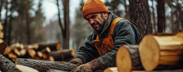 Forestry worker at work. Logger. Woodcutter. Work on harvesting firewood. Heating with firewood. Man at sawmill