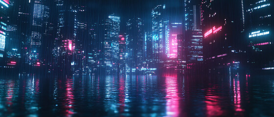 Obraz premium Futuristic Cityscape with Neon Lights and Rain Reflected in Water, Futuristic Cityscape with Neon Lights and Rain Reflected in Wate