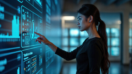 Project manager working with big data touchscreen interface in monitoring room