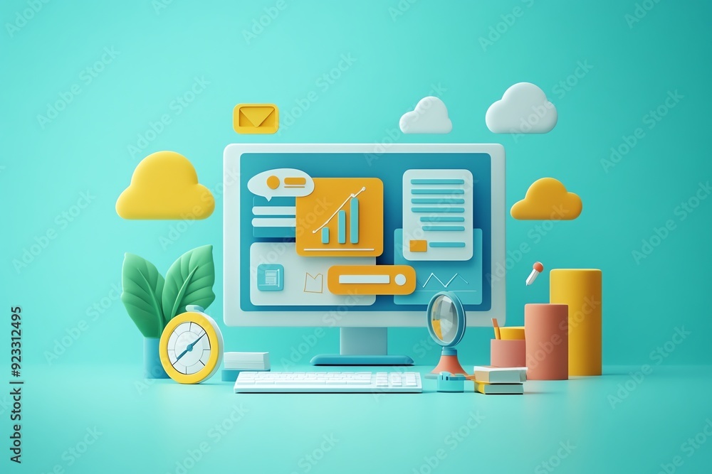 Poster modern 3d illustration of a computer with clouds, plants, and geometric shapes.