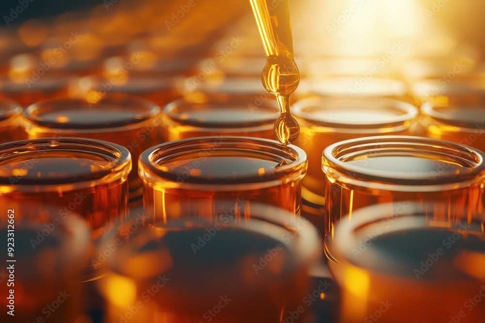 Poster close-up of a pipette dropping liquid into amber vials, showcasing scientific experimentation and pr
