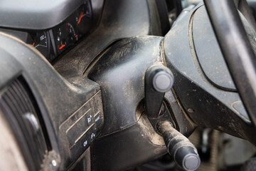 Very dirty and neglected car interior. View of the dashboard.