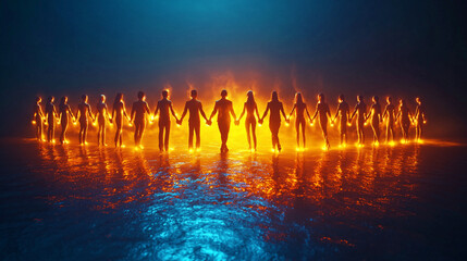 group of businesspeople forming a human chain, each link glowing with energy, representing the unbreakable bond of unity and collaboration in business