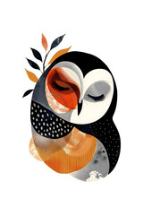 Impresión artística de ilustración de búho con un toque vanguardista, contemporánea y versátil, líneas suaves y formas orgánicas sobre fondo blanco