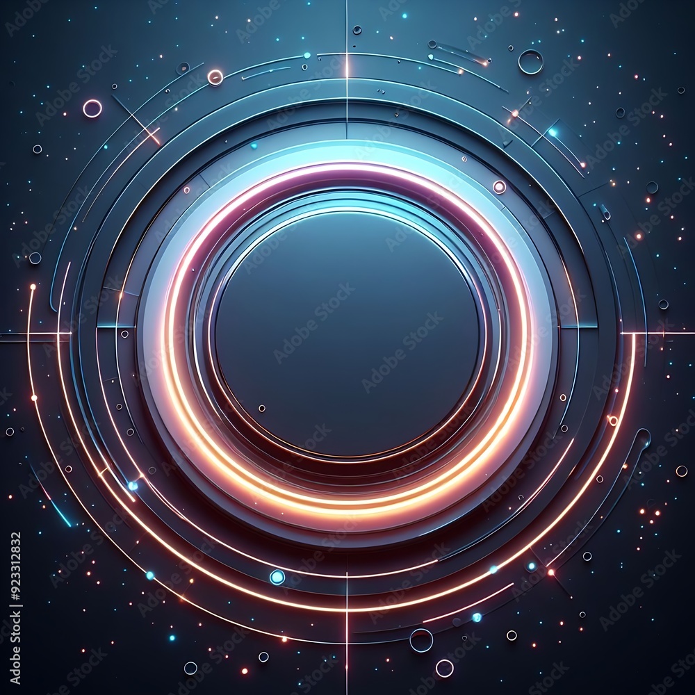 Poster a circle with a black center and a blue border. the circle is surrounded by a lot of dots and lines