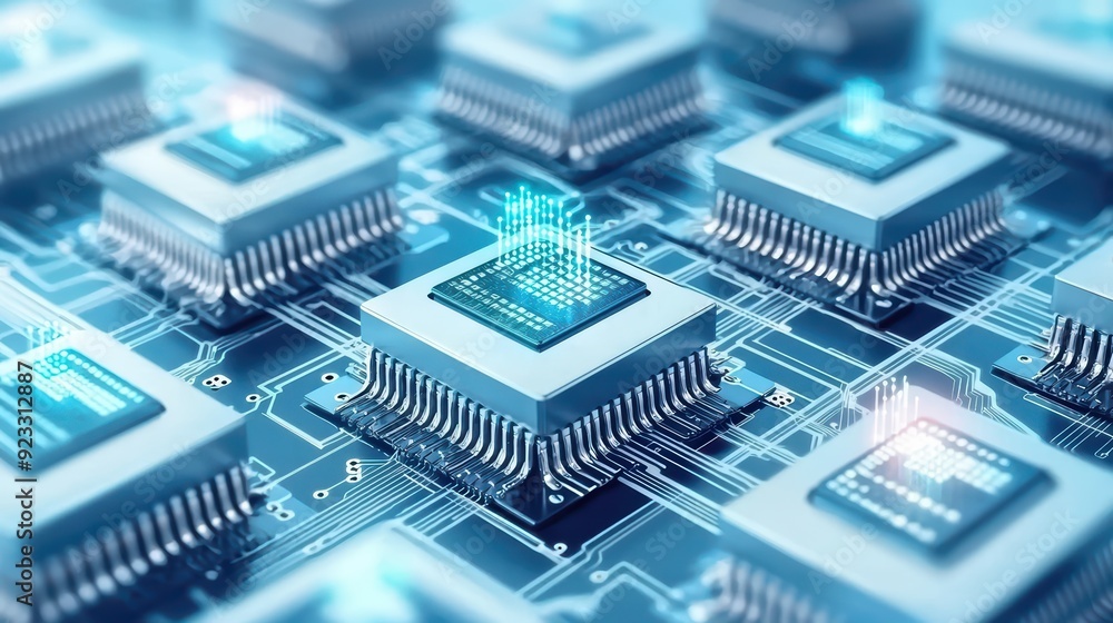 Poster close-up of computer chips on a circuit board, showcasing advanced technology and digital design in 