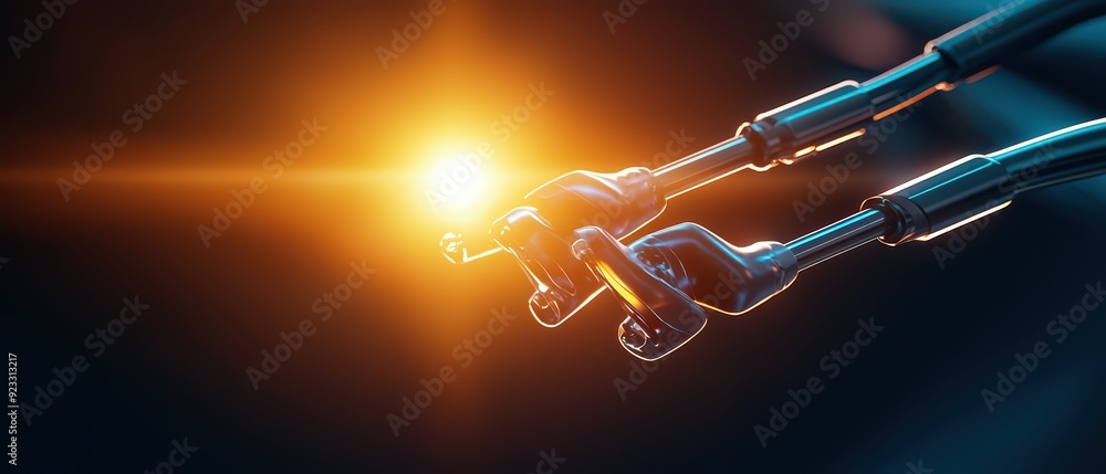 Poster close-up of robotic arms with a glowing light, showcasing advanced technology and innovation in auto