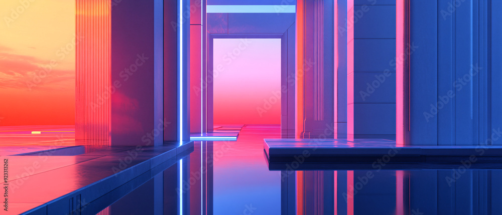 Poster abstract neon glow and reflection in minimalist architecture