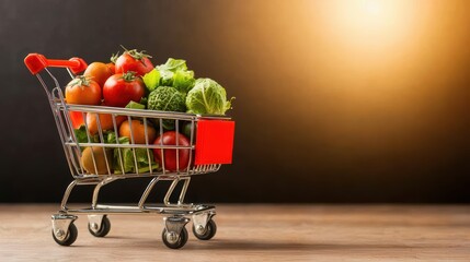 Colorful fresh vegetables in a shopping cart, symbolizing healthy eating and grocery shopping against a warm backdrop.