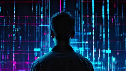 Young boy standing in front of a giant screen with abstract binary code technology background, man watching a giant screen display with neon blue red lines matrix Generative AI - Powered by Adobe