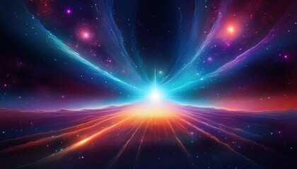 Obraz premium Cosmic explosion with vibrant colors illuminating the night sky, merging stars and galaxies across an expansive universe landscape