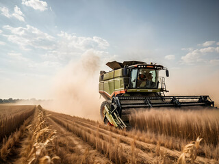 Fototapeta premium Dust rising from combine during crop harvesting, no-till technology professional occupation