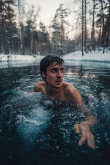 Man swimming in snowy lake